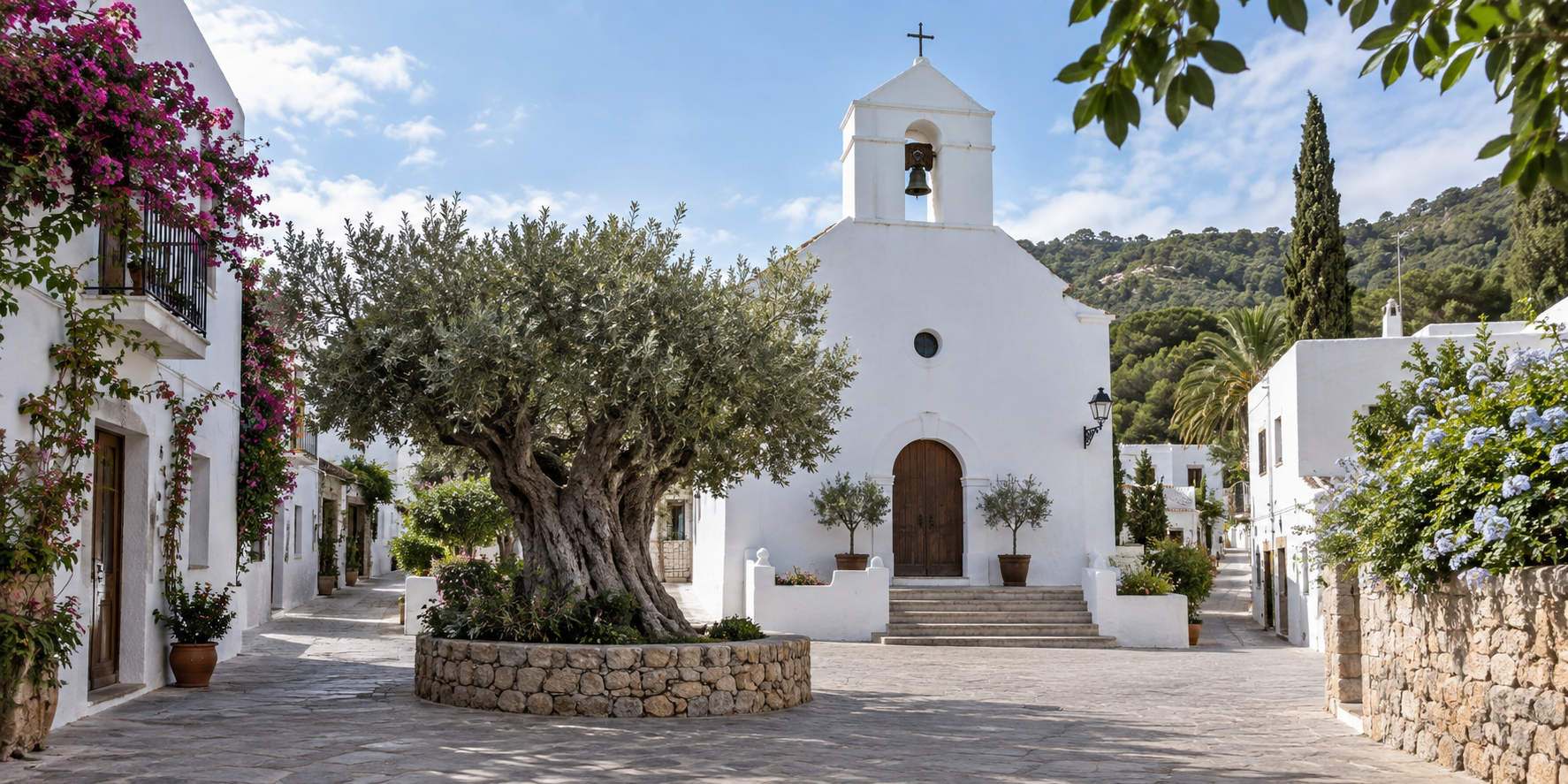 Église blanche de Sant Carles de Peralta à Ibiza entourée de maisons traditionnelles et de végétation méditerranéenne