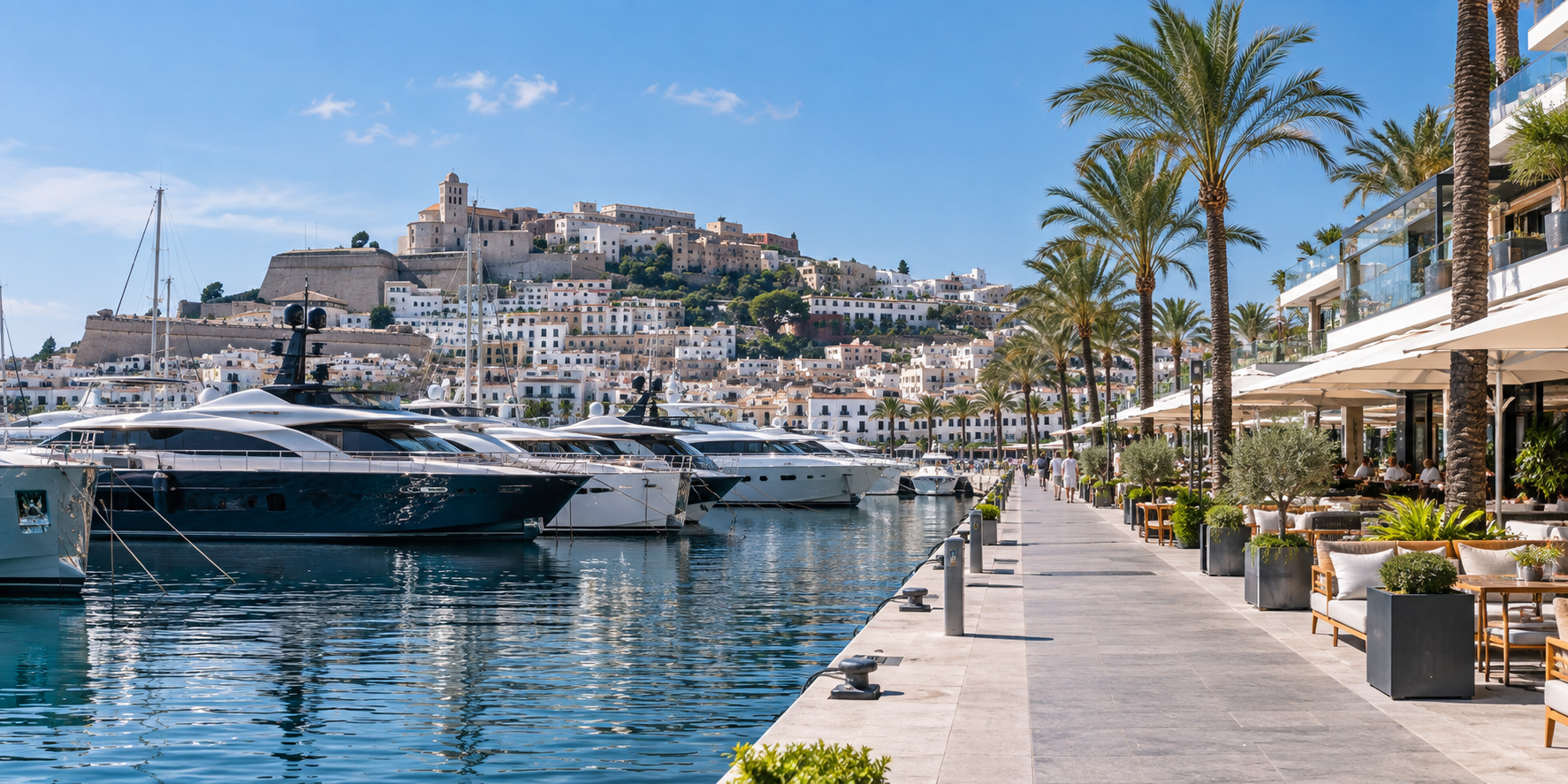 Marina Botafoch à Ibiza avec yachts, palmiers, terrasses et vue panoramique sur Dalt Vila