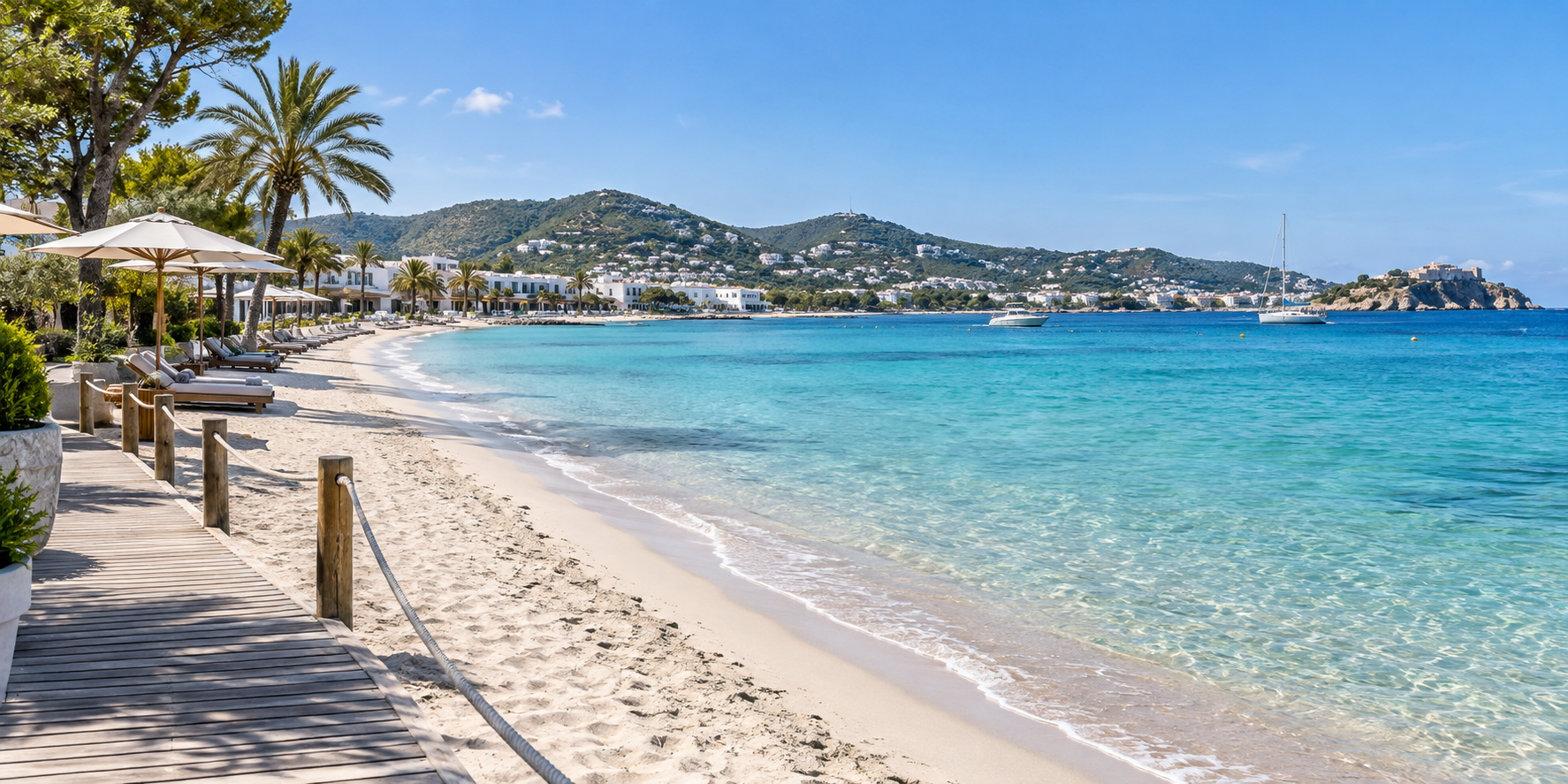 Plage de Talamanca à Ibiza avec sable clair, eau turquoise, passerelle en bois et palmiers au bord de la baie