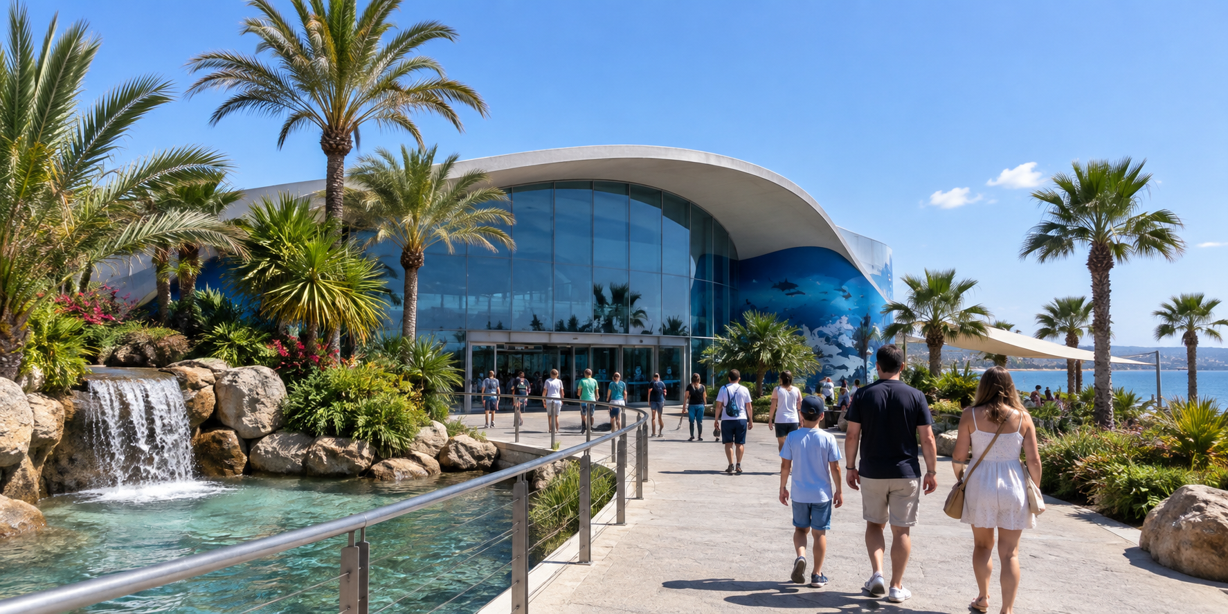 Palma Aquarium près de Can Pastilla avec entrée moderne, palmiers et espace paysager méditerranéen