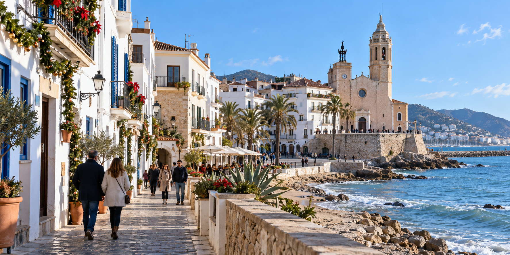 Centre historique de Sitges décoré pour Noël avec vue sur l’église en bord de mer
