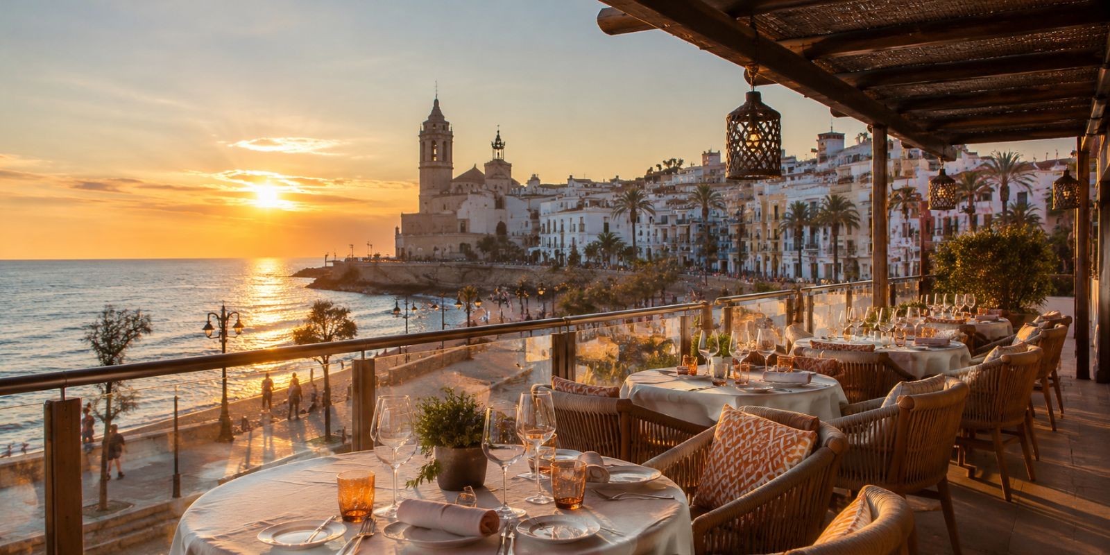 Terrasse de restaurant à Sitges au coucher du soleil avec vue sur la mer, la vieille ville et l’église emblématique