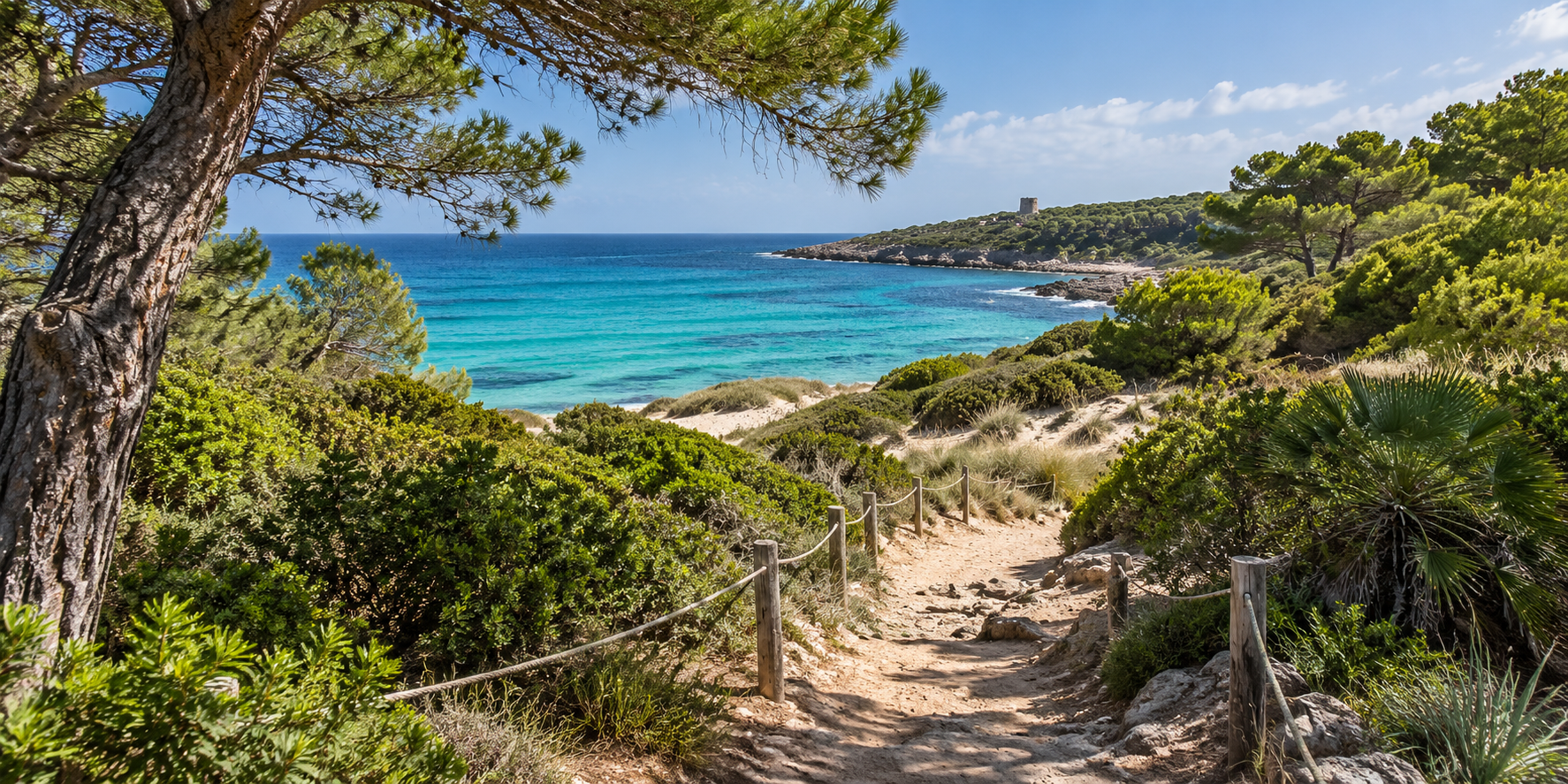 Sentier côtier de Punta de n’Amer avec pins, végétation méditerranéenne et mer turquoise près de Sa Coma