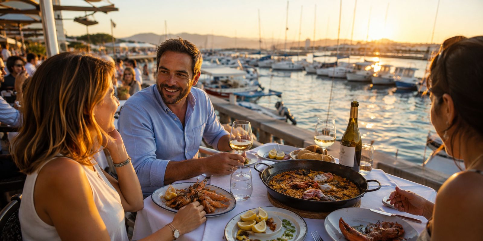 Dîner de fruits de mer face au port de Sant Carles de la Ràpita au coucher du soleil