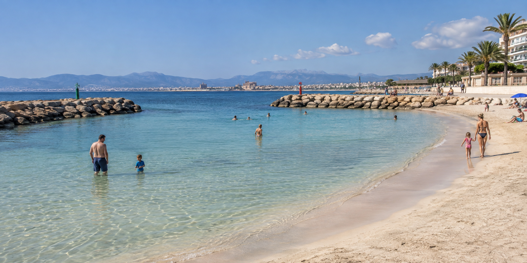 Cala Estancia à Can Pastilla avec eau calme, petite plage familiale et baie de Palma en arrière-plan