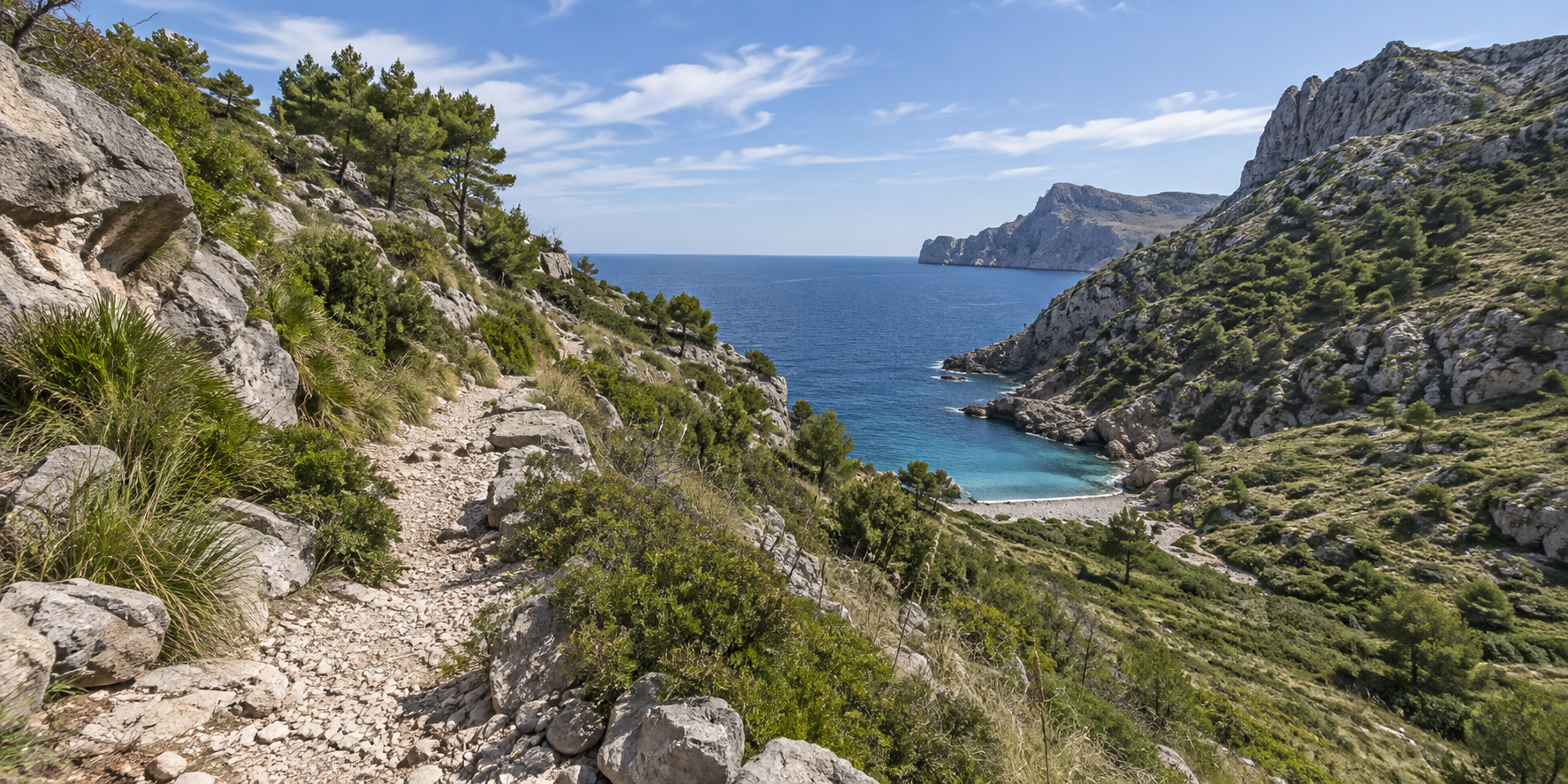 Sentier de randonnée vers Cala Bóquer avec crique sauvage, falaises et mer Méditerranée près de Puerto Pollensa
