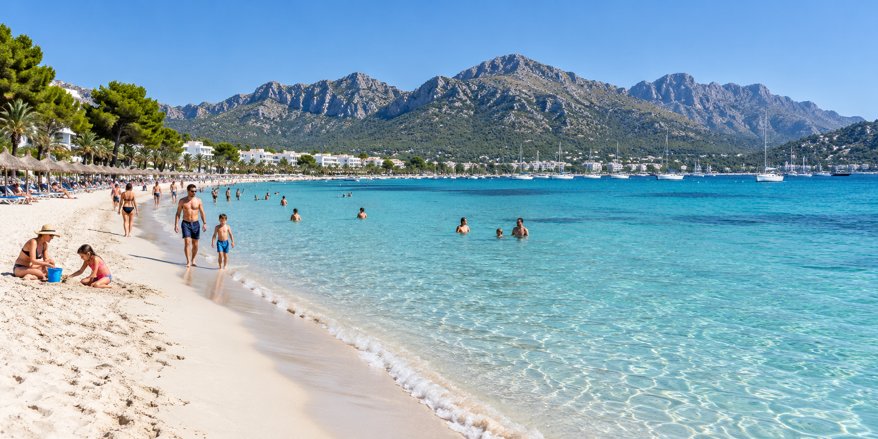 Plage de Puerto Pollensa avec sable clair, eau turquoise, familles et Serra de Tramuntana en arrière-plan