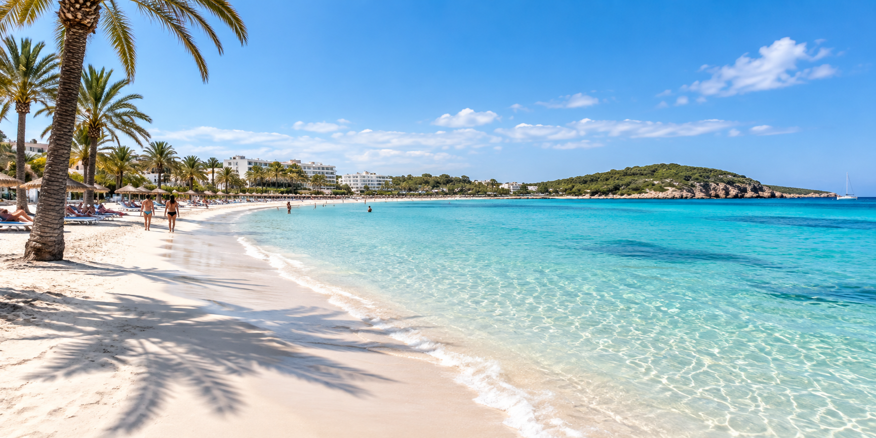 Plage de Sa Coma à Majorque avec sable blanc, eau turquoise, palmiers et hôtels en bord de mer