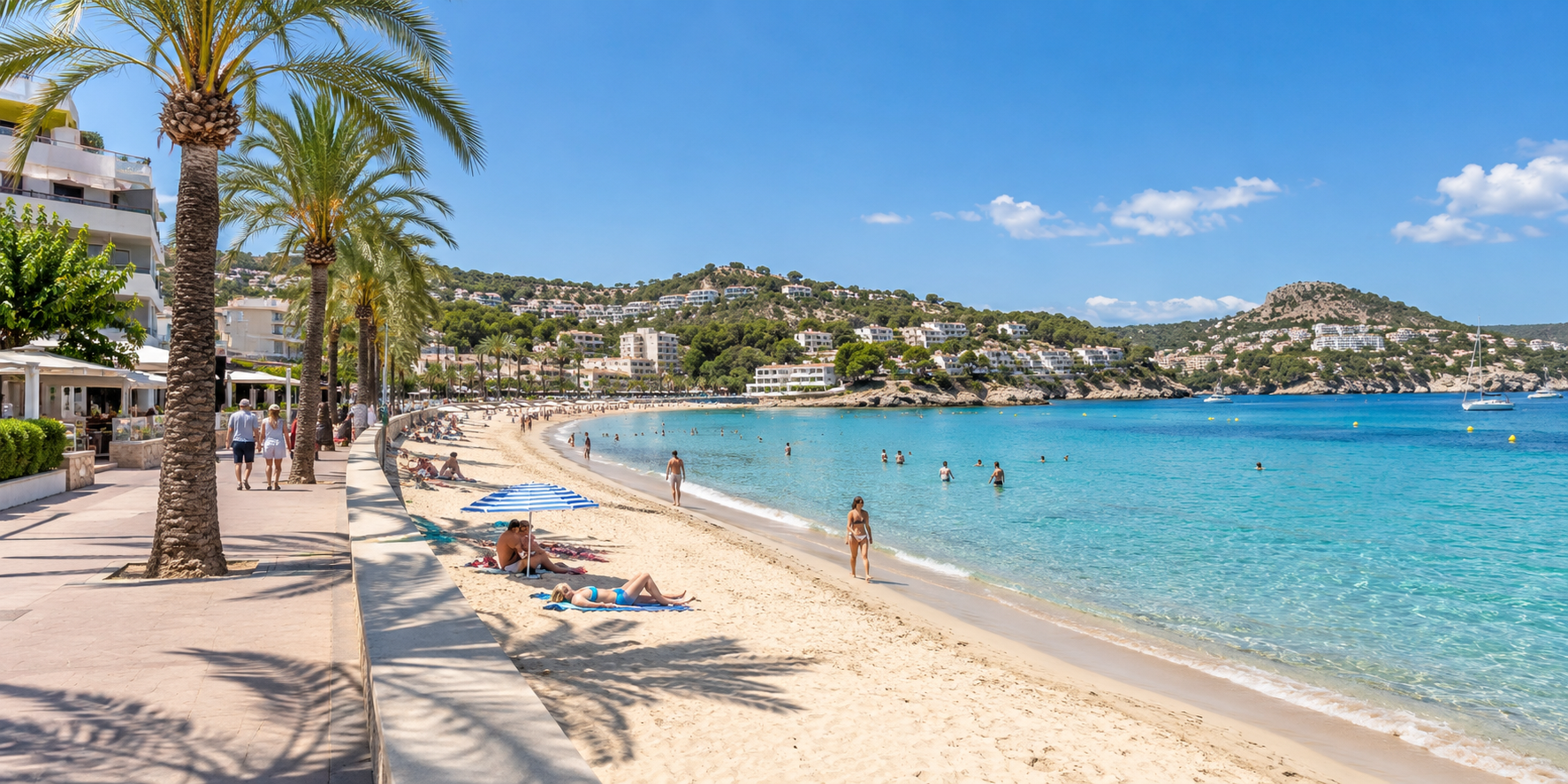 Plage de Paguera à Majorque avec sable clair, eau turquoise, palmiers et promenade en bord de mer