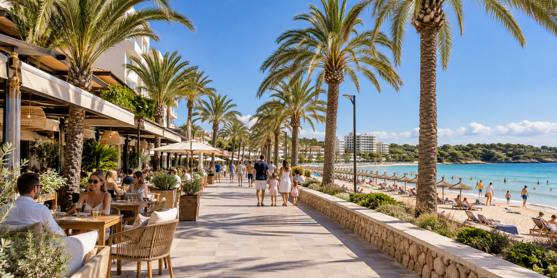 Promenade maritime de Sa Coma avec palmiers, restaurants, familles et plage face à la Méditerranée