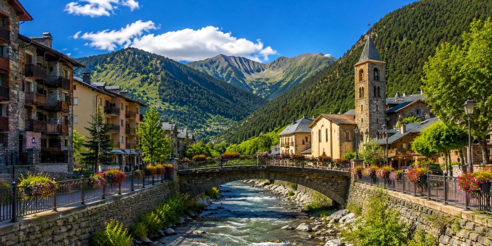 Village alpin fleuri au bord de l’eau