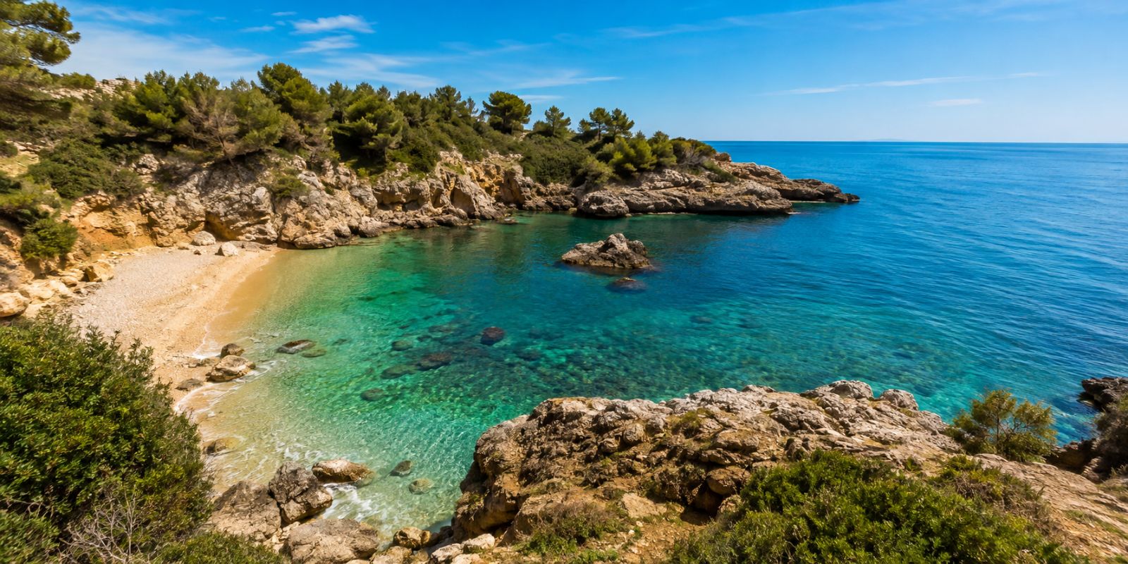 Crique naturelle à Vinaròs avec eaux turquoise, rochers et végétation méditerranéenne