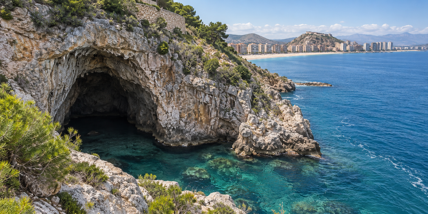 Grotte marine du secteur du phare de Cullera avec eaux turquoise et littoral rocheux méditerranéen