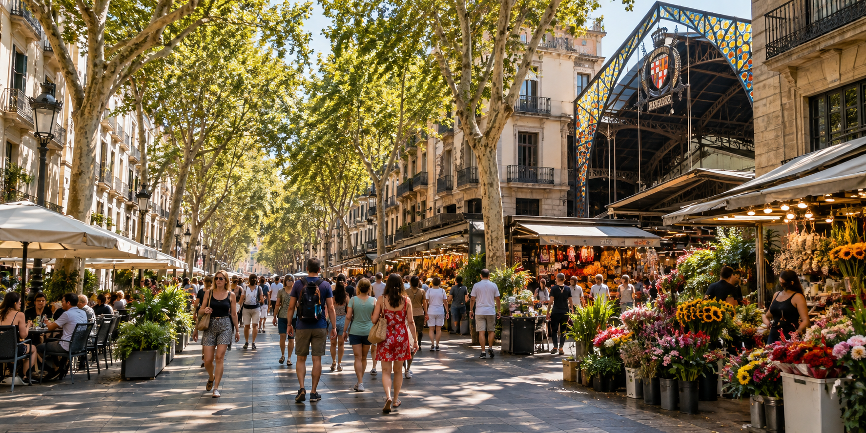 Promenade animée près du marché de la Boqueria à Barcelone avec terrasses, commerces et visiteurs
