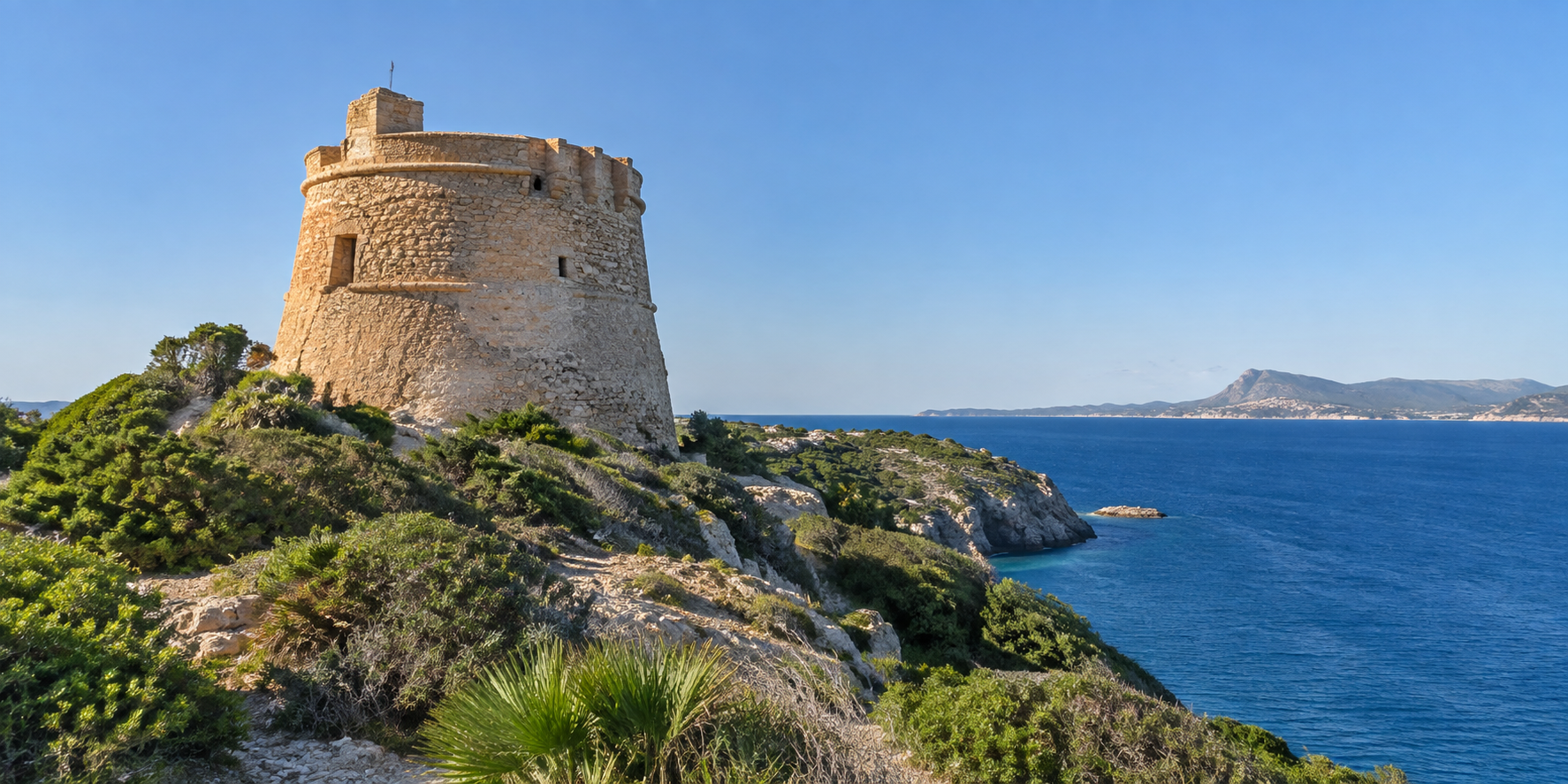 Castell de sa Punta de n’Amer avec tour défensive en pierre et vue sur la côte de Majorque
