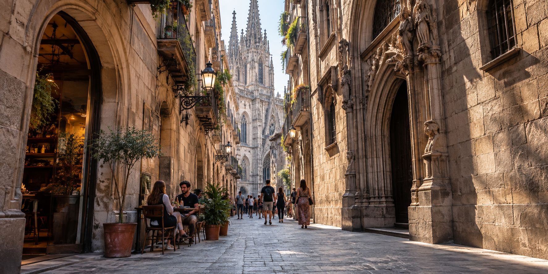 Ruelle du quartier gothique de Barcelone avec architecture historique et cathédrale en arrière-plan