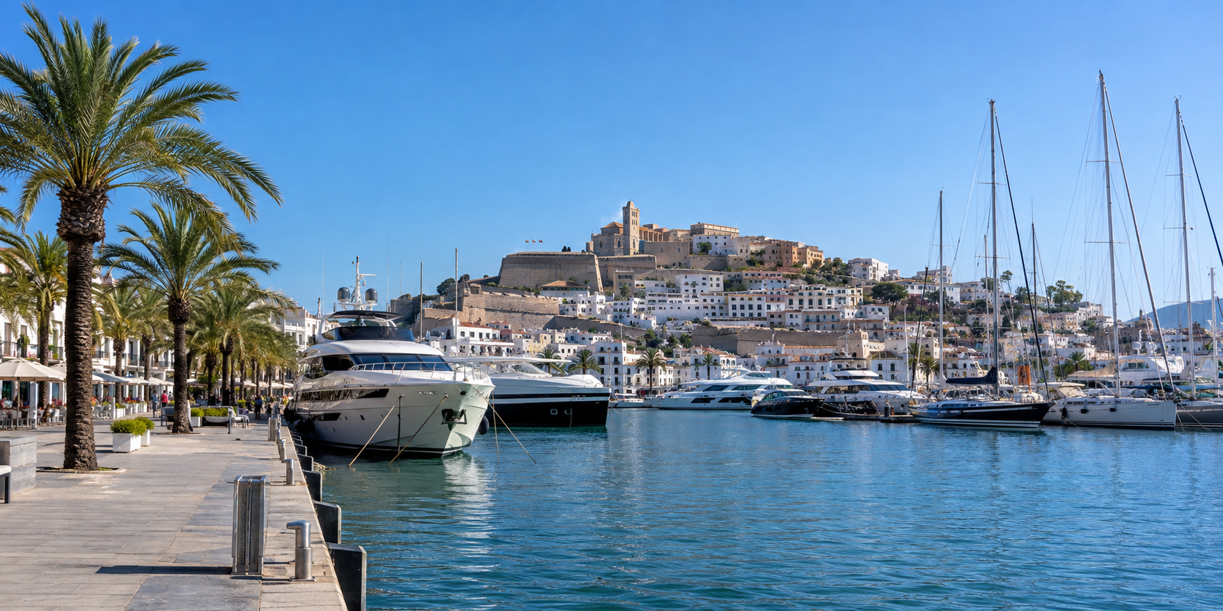 Port d’Ibiza Ville avec yachts, promenade maritime, palmiers et forteresse de Dalt Vila en arrière-plan