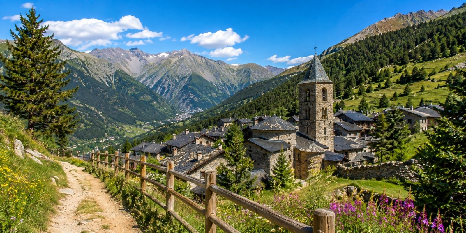 Village alpin fleuri au pied des montagnes