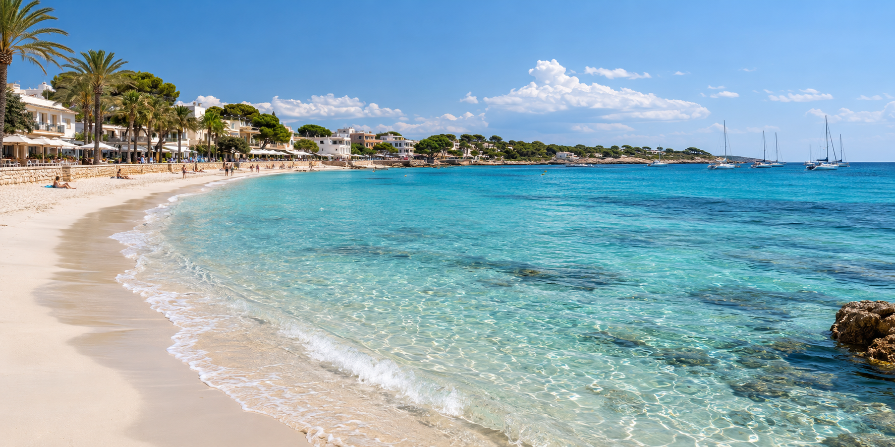 Plage de Colonia Sant Jordi à Majorque avec sable clair, eau turquoise, voiliers et promenade en bord de mer
