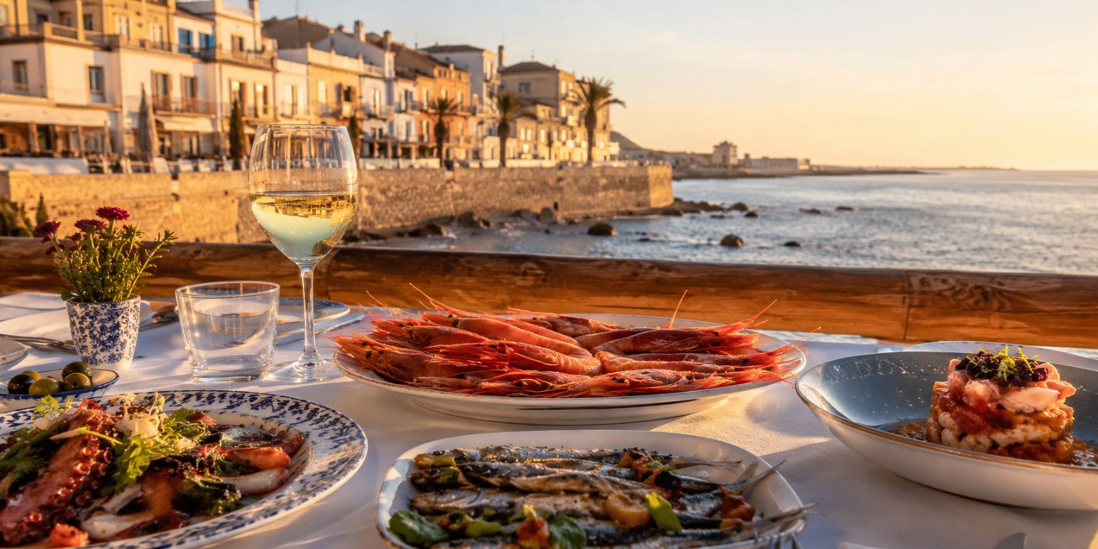 Spécialités de fruits de mer et crevettes de Vinaròs servies face à la Méditerranée