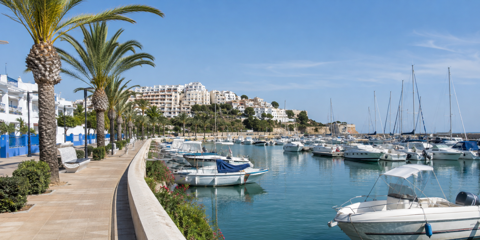 Port de plaisance Las Fuentes à Alcoceber avec voiliers, palmiers et promenade en bord de mer