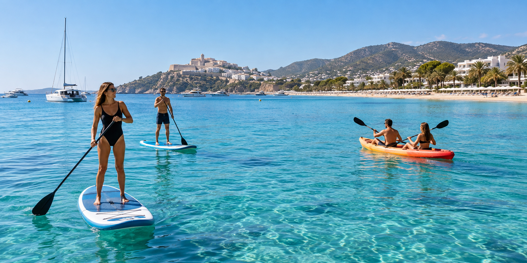 Paddle et kayak dans les eaux turquoise de la baie de Talamanca avec Dalt Vila en arrière-plan