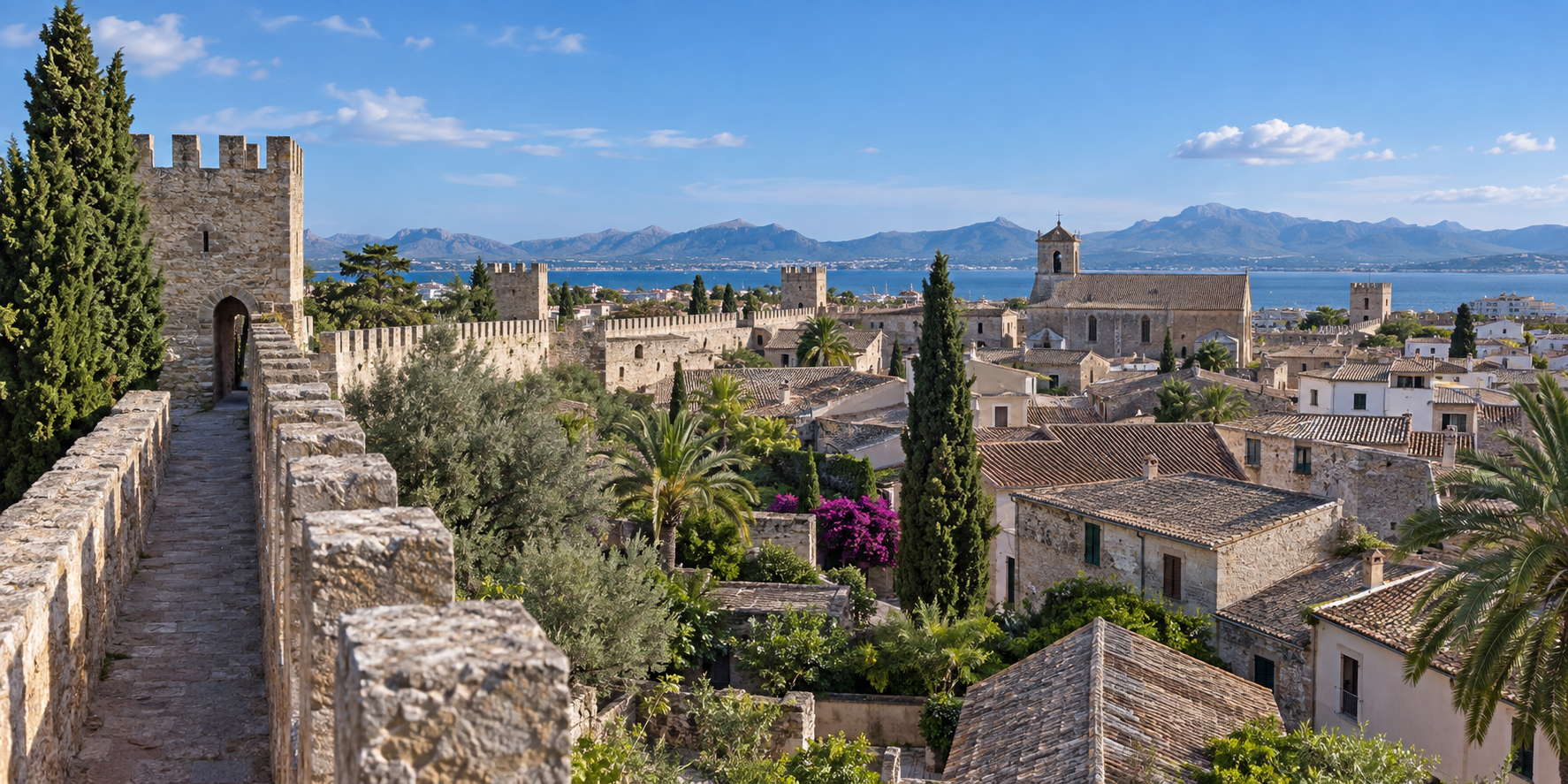 Vue panoramique sur la vieille ville d’Alcúdia depuis les remparts avec église, toits et baie de Majorque