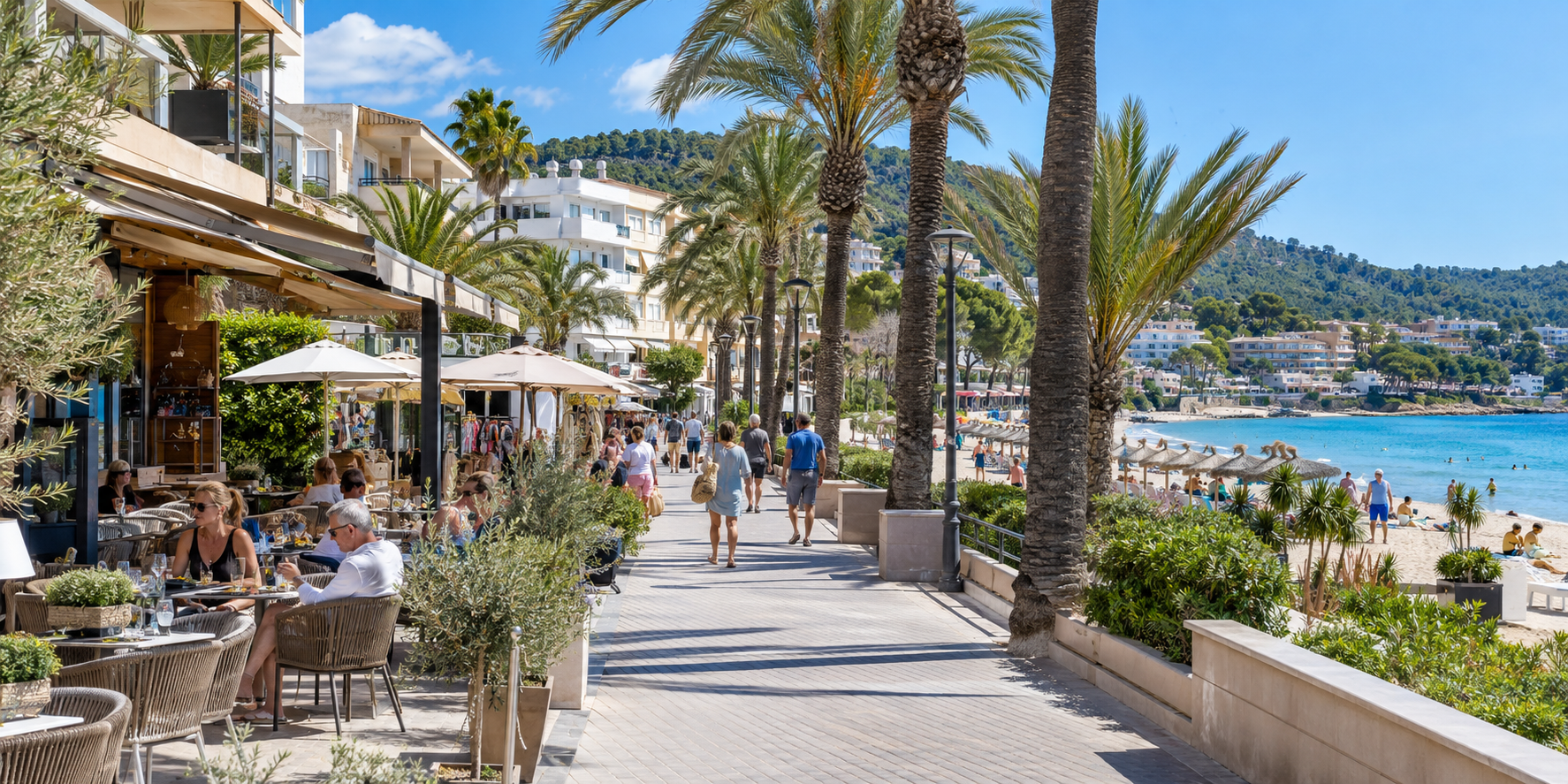 Promenade maritime de Paguera avec palmiers, restaurants, terrasses et plage ensoleillée