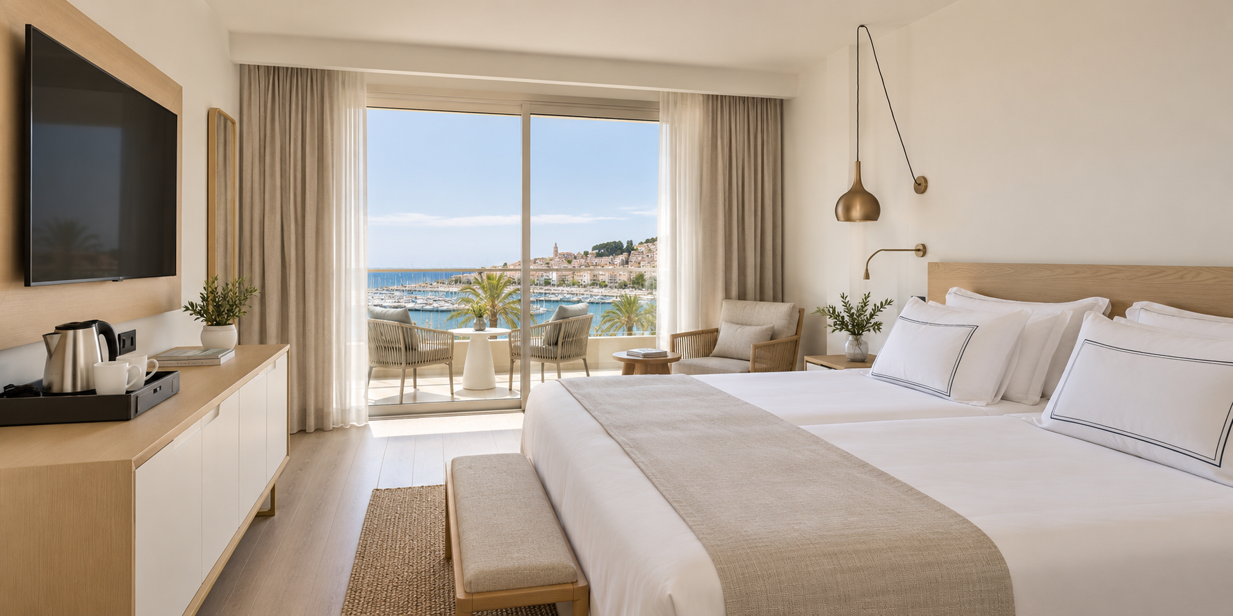 Chambre lumineuse du Meliá Sitges avec vue sur la marina et la côte méditerranéenne