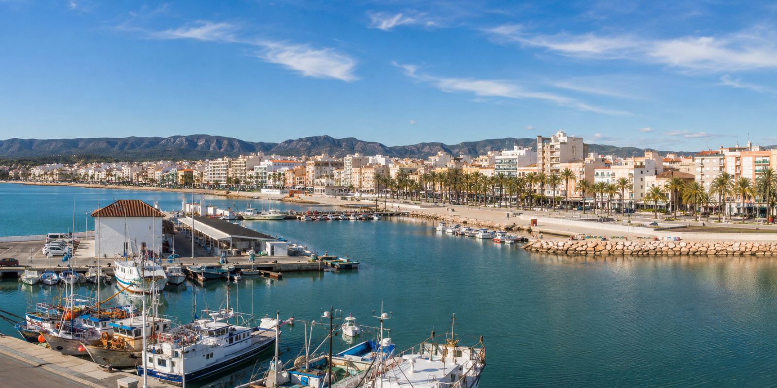 Port de Sant Carles de la Ràpita avec bateaux, promenade maritime et baie des Alfacs sur la Costa Dorada