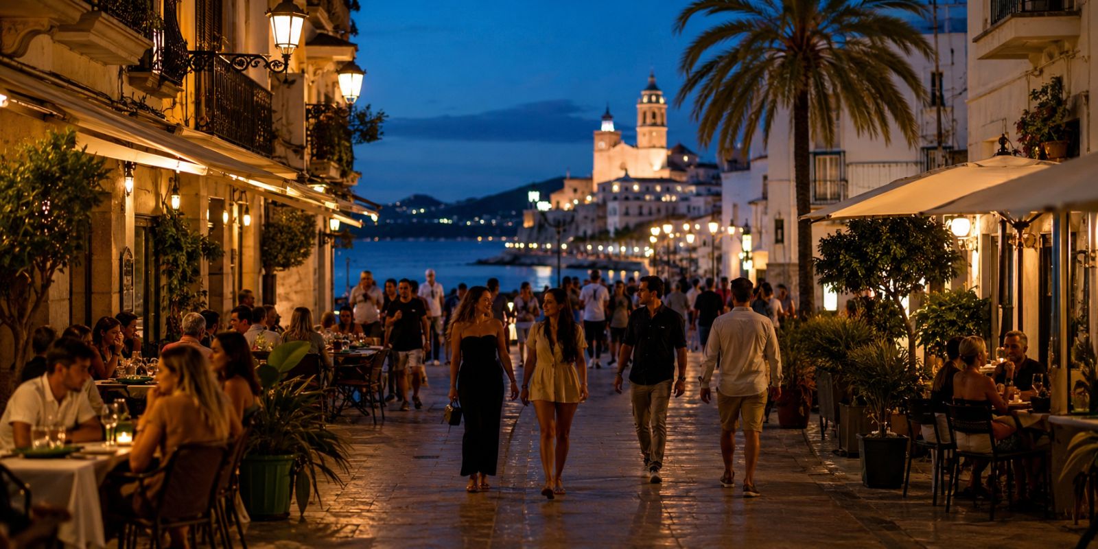 Promenade nocturne dans le centre de Sitges avec restaurants, terrasses animées et église illuminée au bord de mer