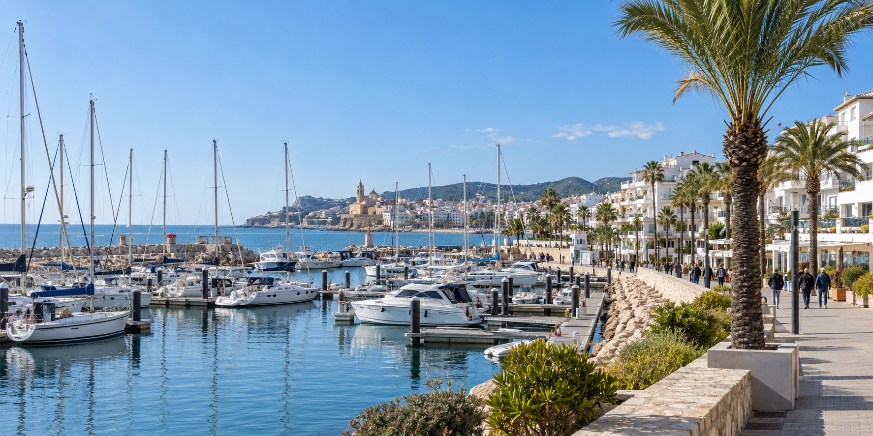 Port de plaisance de Sitges et bateaux sous le soleil d’hiver de la Costa Barcelona
