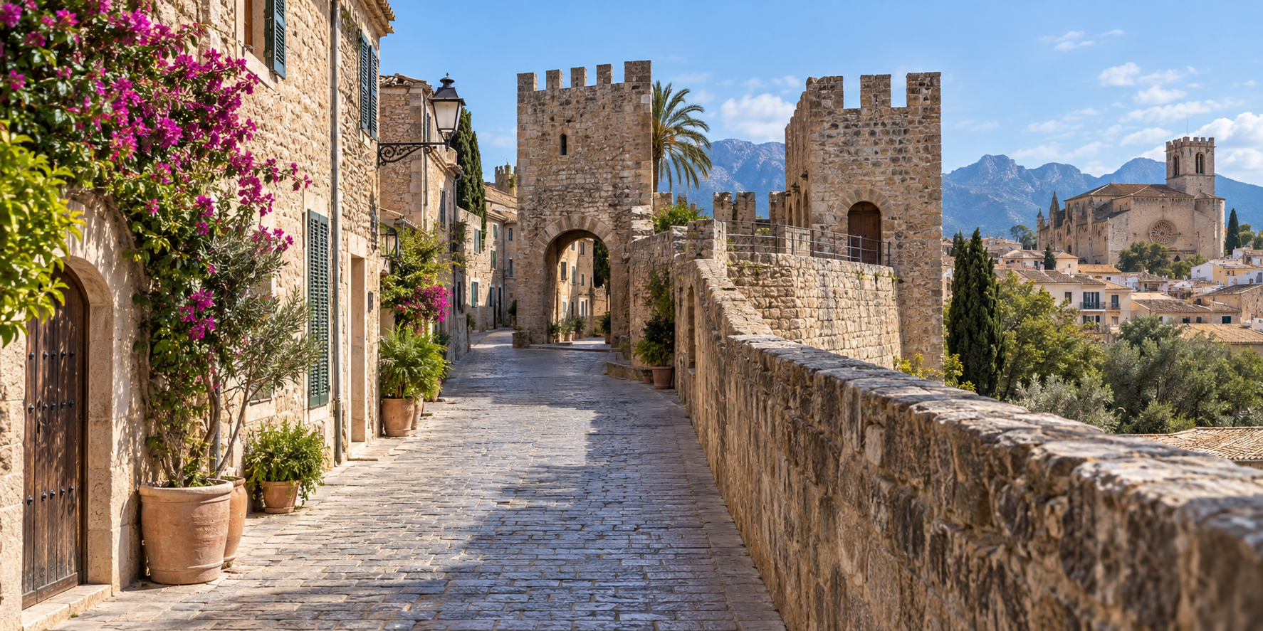 Vieille ville fortifiée d’Alcúdia avec remparts médiévaux, ruelles en pierre et maisons fleuries