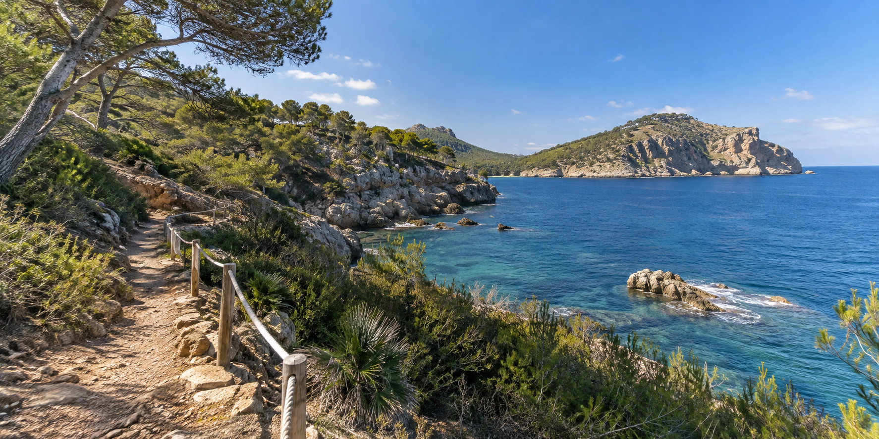 Sentier côtier entre Cala Fornells et Cap Andritxol avec pins, falaises et mer Méditerranée