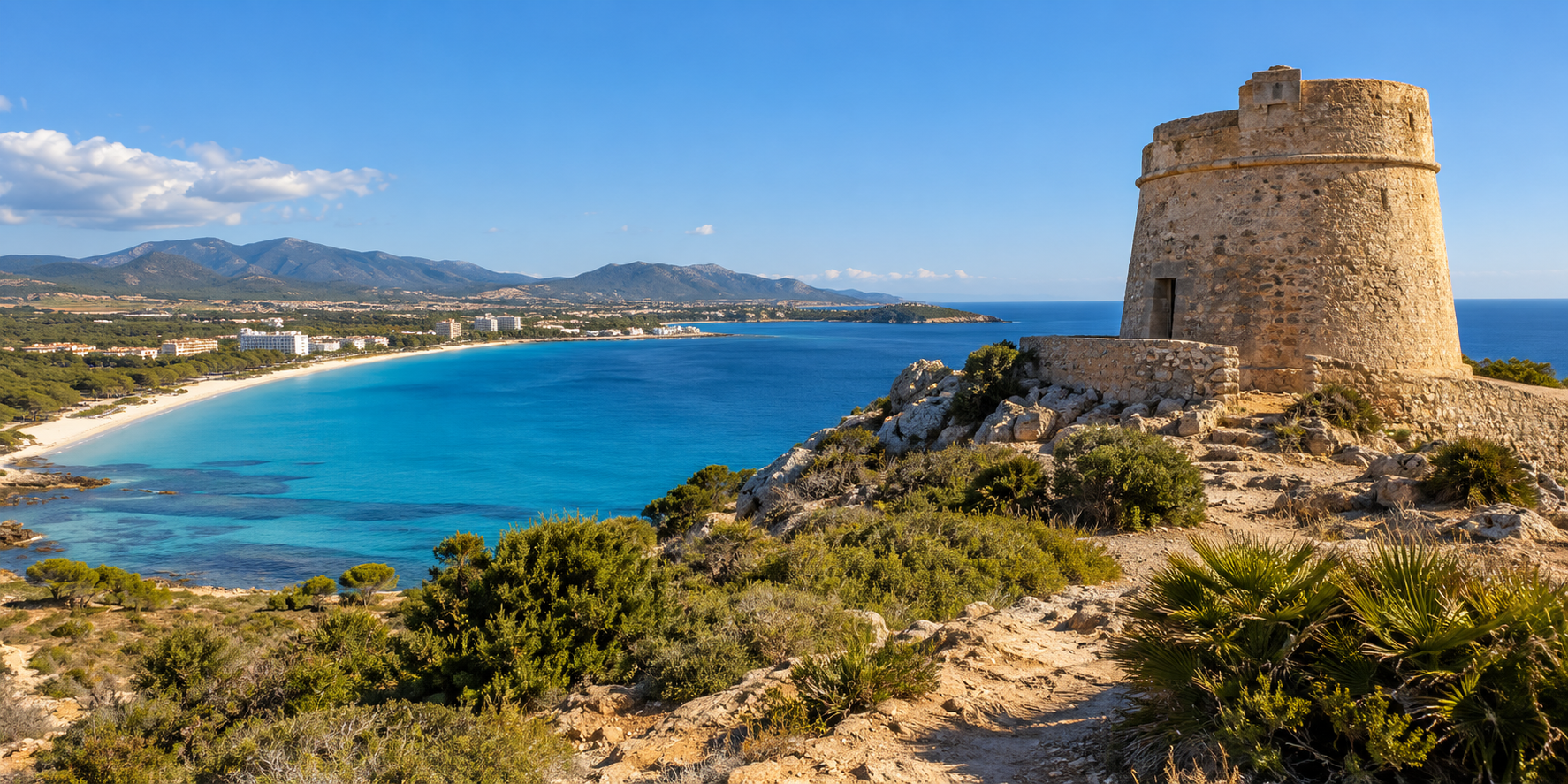 Castell de sa Punta de n’Amer avec tour défensive en pierre et vue panoramique sur la baie de Sa Coma