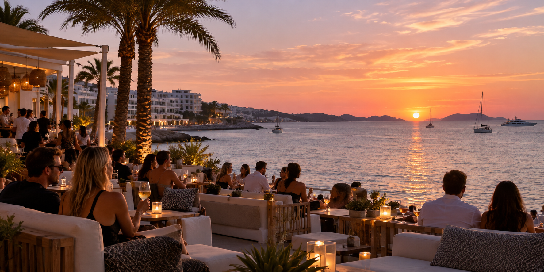 Coucher de soleil à San Antonio depuis une terrasse face à la mer et aux voiliers de la baie